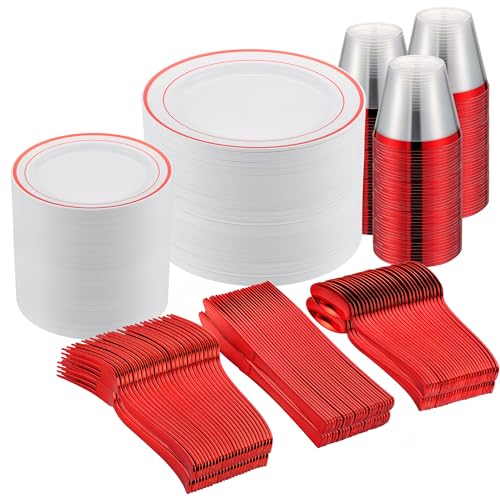 300PCS Red Dinnerware Set for 50 Guests, White and Red Plastic Disposable Plates for Party-50 Dinner Platos,50 Dessert Plates, 150 Silverware Set- Fancy Heavy Duty Party Plate - color: Red, size: 50 Guests