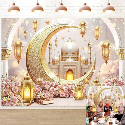 Ramadan Mubarak Backdrop for Photography 7x5FT Pink Flowers Islamic Muslim Lantern Gold Crescent Moon Castle Background Eid Mubarak Banner Decorations Photo Props