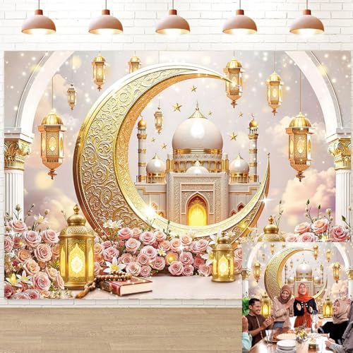 Ramadan Mubarak Backdrop for Photography 7x5FT Pink Flowers Islamic Muslim Lantern Gold Crescent Moon Castle Background Eid Mubarak Banner Decorations Photo Props