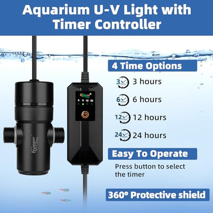 hygger 5W Aquarium U-V Light with Timer, 360° Protective Shield Clean Light for Crystal Clear Green Water, Submersible Fish Tank Cleaner for 10–40 Gallon Freshwater & Saltwater Aquariums - size: 1.85 * 4.75 inches