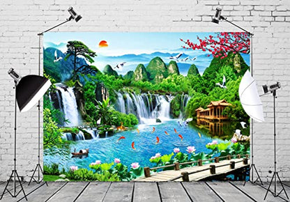 BELECO 5x3ft Fabric Mountain Lake Wonderland Backdrop for Photography Waterfalls Backdrop Mountain Pavilion Bridge Lotus Crane Spring Flowers Asian Landscape Painting Nature Backgroud Photo Props - size: 5x3FT