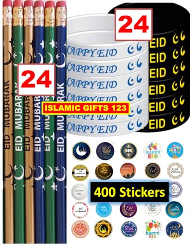 448 Pcs Eid Mubarak Pencils Wristbands Stickers Set Eid Pencils Eid Wristbands Eid Stickers Eid Mubarak Party Ramadan Gift for Muslims (Eid Pack) - color: Eid Pack