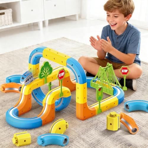VEAIS Electric Train Set for Kids, 57Pcs 3D Flexible Race Track Sets, Gravity-Defying Motorized Car for Kids, Montessori STEM Train Tracks Toys,Birthday Gifts for Kids Boys Girls Age 3 4 5 6 7 8+