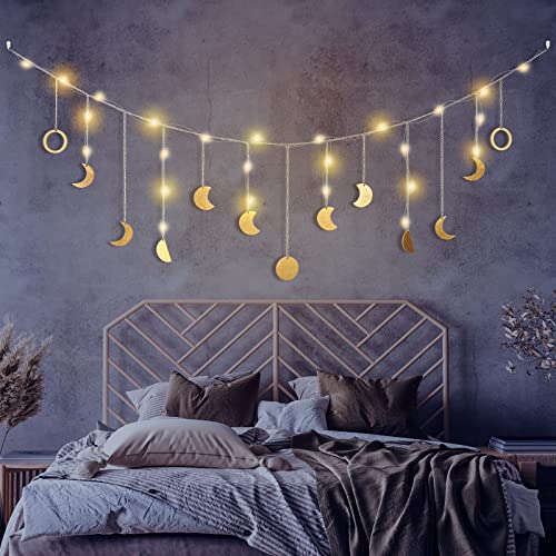 Moon Phase Wall Decor, Gold Celestial Décor, 56" Boho Wall Hanging Decor Mood Garland with LED String Light - 13 Celestial Phases Décor & Boho Wall Décor for Bedroom Living Room, Gift for Women & Kids