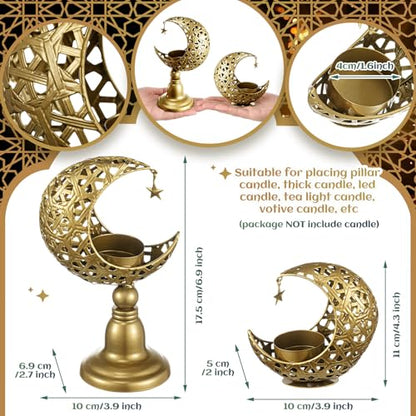 2 Pcs Ramadan Decorations for Home Golden Moon Shape Candle Holder Metal Candlestick Holder Eid Mubarak Table Centerpiece Decor for Birthday Wedding Church