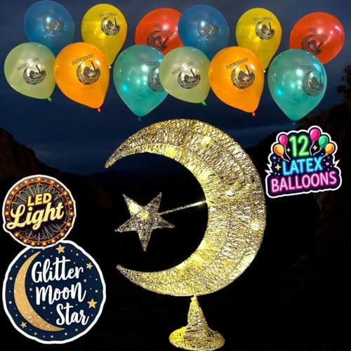 Eid Moon Star Table Lamp & Balloons Set - Metal Glitter-Clad LED Light, Battery-Powered 14" Festive Bedside/Desktop Décor + 12 Eid Mubarak Balloons (Gold Eid Gift) - color: Gold