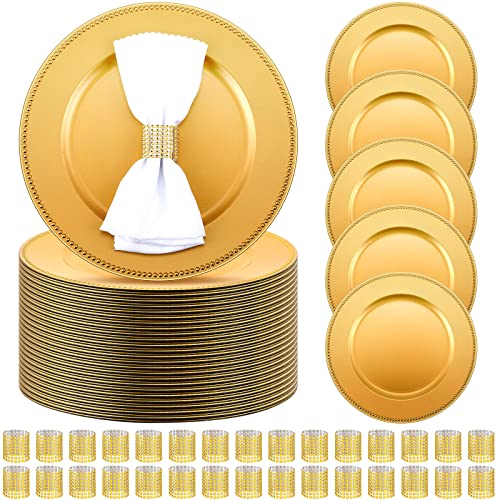 Tanlade 100 Pieces Charger Plates Bulk with Napkin Rings,Beaded Style,Gold - color: Gold, size: Beaded Style