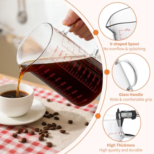 Luvan 34OZ/1000ML Glass Measuring Cup, 4 Cup Glass Measuring Cups With 3 Scales (Ml/Oz/Cup), High Borosilicate Measuring Cup With Handle and V-Shaped Spout, Dishwasher/Freezer/Microwave Safe - color: 34Oz/4Cups/1L