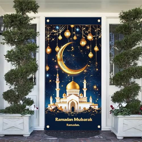 Ramadan Door Cover Banner 71 x 35 Inch Crescent Moon and Mosque Design Islamic Festival Decoration for Eid Mubarak and Ramadan Kareem - color: Style 4