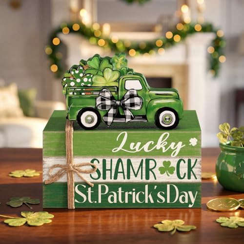 Geelin 4 Pcs St. Patrick's Day Table Decorations Wooden Shamrocks Rustic Tiered Tray Decor with Green Truck, Irish Farmhouse Shelf Centerpiece for Home Kitchen Living Room Holiday Decoration - style: St. Patrick’s Day