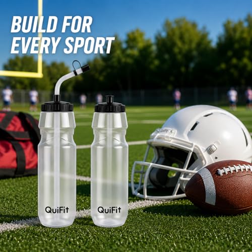 QuiFit Lacrosse Water Bottle with Long Straw - 32oz Hockey Water Bottle 2 Pack with 2 Lids Each- BPA Free Squeeze Sports Water Bottles, Leakproof Dishwasher Safe- for Helmet,Lacrosse (Clear) - color: Clear