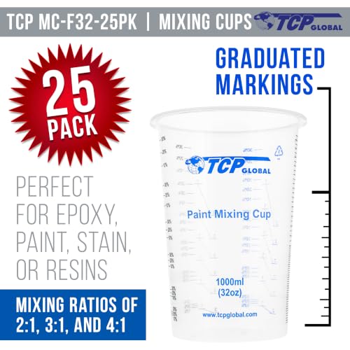 TCP Global 32 oz. (1000ml) Graduated Plastic Mixing Cups (Box of 25) - Disposable Plastic Measuring Cups for Liquids, Paints, Resin, Epoxy, Art, Kitchen - Ratios 2-1, 3-1, 4-1 ML