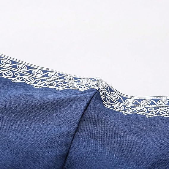 Men's Hooded Thobe - Traditional Embroidered Muslim Islamic Kaftan, Half-Zip Middle Eastern Arabic Robe - color: Blue, size: Medium