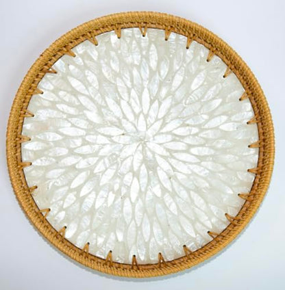Magenta & Teal Round Rattan Serving Tray with Mother of Pearl Inlay, Wicker Coffee Table Decor, Farmhouse Style (Silver White) - color: Silver White