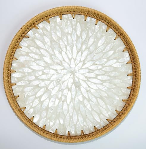 Magenta & Teal Round Rattan Serving Tray with Mother of Pearl Inlay, Wicker Coffee Table Decor, Farmhouse Style (Silver White) - color: Silver White