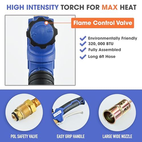 Flame King Propane Torch Kit Heavy Duty Weed Burner Powerful 320,000 BTU with 6-ft Hose Regulator Assembly - size: 320K BTU