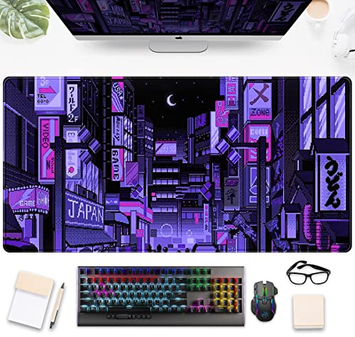 Tokyo Street Desk Pad Purple, Cute Retro Large Gaming Mouse Pad, Japanese Anime Laptop Keyboard Mouse Mat XXL, Aesthetic Neon Pixel Skyline/City Desk Mat, Desk Decor Pads for Women 31.5"x15.75" - color: Purple Japanese Night