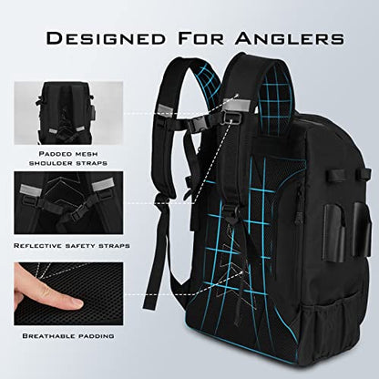 KastKing KarryAll Fishing Backpack with Rod Holder 4 Tackle Boxes, 40/26L | Tackle Bag Storage Fishing Gear and Equipment, Water‑Resistant Material, Fishing Gift for Men - color: A: Large (40 L) - Black