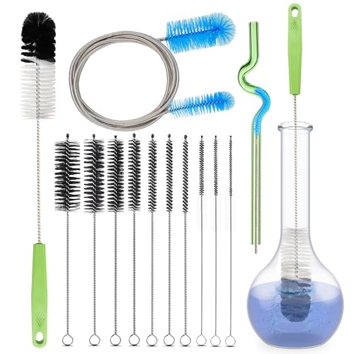 Set of 12 Tube Pipe Cleaners Brush Kit - Bottle & Long Straw Cleaning Tools | for Narrow Neck Bottle, Curved Glass Tube | 17" Long Handle, 8.2" Assorted Thickness Brushes, 35" Flexible Dual-Head Cleaner