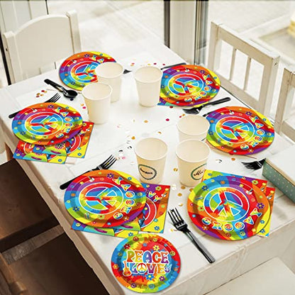 96 PCS 60’s Party Hippie Tableware Set Groovy Plates Napkins 60s Hippie Themed Decorations Peace Love Tie Dye Style 70s Disposable Paper Tableware Birthday Party Supplies Favor for 24 Guests - style: 60s Hippie