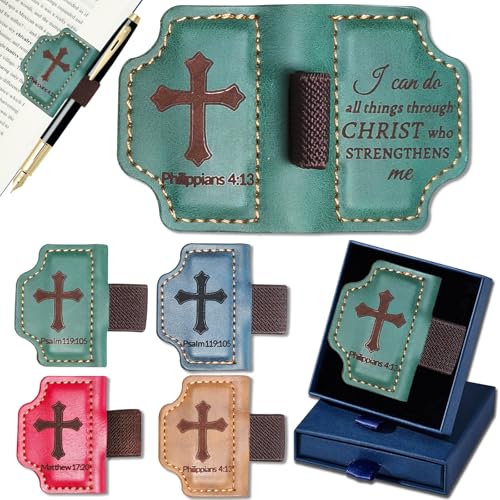 Bygone Mark Personalized Magnetic Leather Bookmark with Pen Holder,Inspirational Bible Verse Religious Bookmarks,Christian Book Lovers Reading Accessory for Men Women (Green, Philippians 4:13) - color: Green, size: Philippians 4:13
