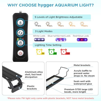 hygger 7W Full Spectrum Aquarium Light with Aluminum Alloy Shell and Plastic Extendable Brackets, White Blue Red LEDs, External Controller, for Freshwater Fish Tank (5-8.5 inch) - size: 7W (5-8.5inch)