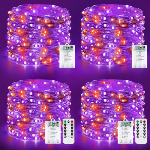KAQ 4Pack Halloween Fairy Lights Battery Operated Orang Purple with Remote - color: Orange & Purple, size: 4PK 240LED With Remote