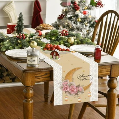 Ramadan Mubarak Decorations Ramadan Mubarak Table Runner Eid Al Fitr Golden Moon Garden Banner Ramadan Eid Banner Ramadan Decorations and Home Party Supplies