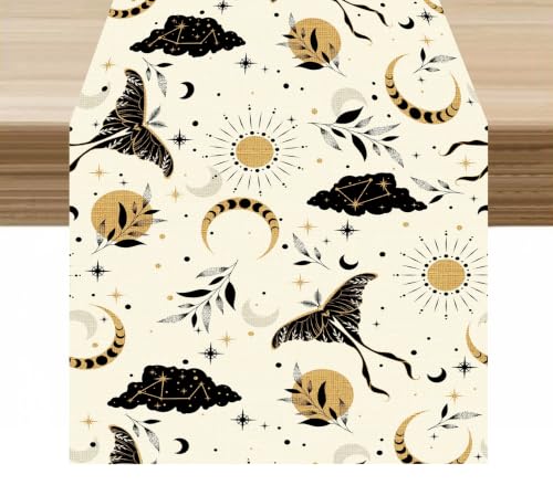 Moth Table Runner Magic Moth Moons Stars Clouds Sun Constellations Boho Pattern Decor for Indoor Outdoor Wedding Party Dinner Festival Farmhouse Holiday Home Kitchen Dining Room, 13x36in - color: Moth-beige, size: 13x36in