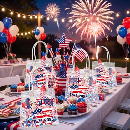 Aliceset 24 Pcs 250th Anniversary Clear PVC Gift Bags with Handles Patriotic Waterproof Reusable Tote for 4th of July Independence Day Party Favors, 6.31" x 5.91" x 3.15" - style: Patriotic