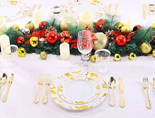 Nervure 175PCS Gold Plastic Plates with Marble Printing & Gold Plastic Silverware:50 Plates, 25 Forks, 25 Knives, 25 Spoons, 25 Cups, 25 Napkins for Thanksgiving & Wedding - color: Gold Marbling