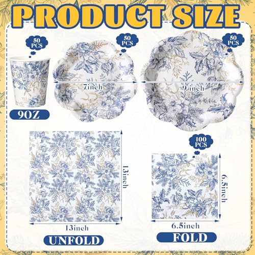 Newtay 250 Pcs Blue Floral Disposable Plates and Napkins Blue Gold Disposable Tableware Set for 50 Guests Paper Plates Napkins Cups for Wedding Bridal Shower Supplies - color: Blue and Gold, style: Stylish