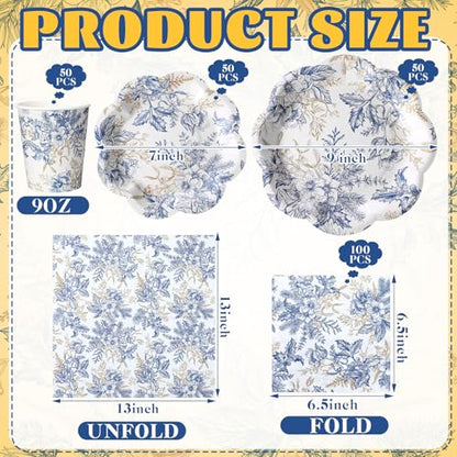Newtay 250 Pcs Blue Floral Disposable Plates and Napkins Blue Gold Disposable Tableware Set for 50 Guests Paper Plates Napkins Cups for Wedding Bridal Shower Supplies - color: Blue and Gold, style: Stylish