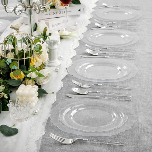 Liacere 150PCS Clear Silver Plastic Plates & Disposable Silver Plastic Silverware with Glitter Bamboo Handle Cutlery-Baroque Clear Disposable Plates for Wedding & Party - color: Silver, size: Baroque Style