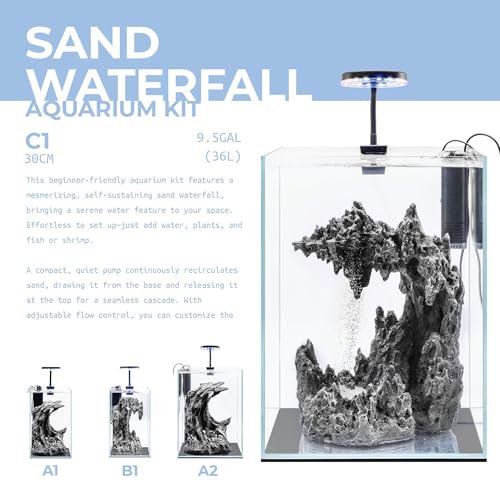 Sand Waterfall Tank Kit - Silent Operation Falling Sand Fish Tank w/LED Light and Self Cleaning Filtration - Desktop Rimless Starter Aquarium Kit, Just Add Plants - 9.51GAL | 36L (C1) - size: C1 (30CM)