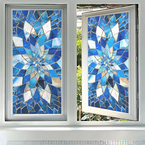Frosted Window Film Privacy Window Film Window Cling Decorative Window Film 17.5 x 39.4 Inch Blue Geometric Stained Glass Pattern Window Covering for Bathroom Bedroom Office Glass Door - color: Blue Floral Pattern, size: 17.5x39.3in