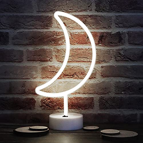 Neon Moon Lights - LED Moon Decor Neon Signs Art Decorations Crescent Night Lights Lamp for Party Supplies, Children Kids Girls Gift - Moon with Holder Base (White) - color: Moon With Holder Base(White)