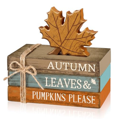 4 Pcs Fall Decorations for Home Rustic Autumn Wooden Maple Leaves Book Stack Block Sign Decorative Fall Tiered Tray Decor Thanksgiving Table Centerpiece for Harvest Office Kitchen Shelf Indoor - style: Maple Leaves