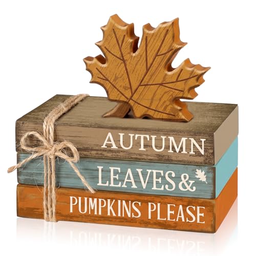 4 Pcs Fall Decorations for Home Rustic Autumn Wooden Maple Leaves Book Stack Block Sign Decorative Fall Tiered Tray Decor Thanksgiving Table Centerpiece for Harvest Office Kitchen Shelf Indoor - style: Maple Leaves