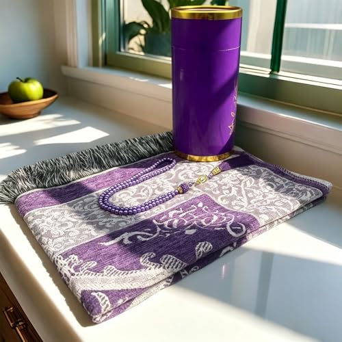 Portable Muslim Prayer Rug and Beads with Gift Box, Soft Islamic Prayer Mat,Travel Praying Mat for Men and Women, Prayer matt Islam Gifts Set, Sajadah/Janamaz/Seccade/سجادة صلاةx (Purple) - color: Purple