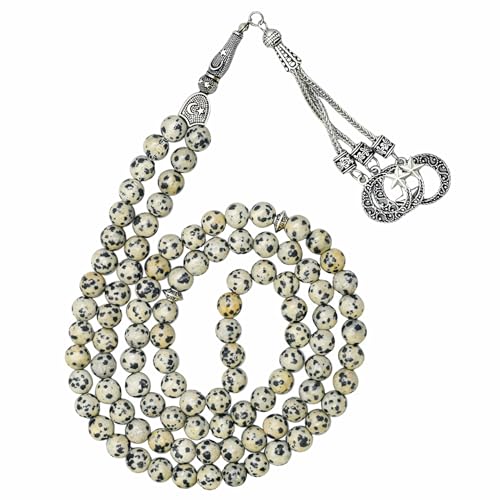 Amazing Gemstone Dalmatian Jasper Tasbeeh with Moon and Star Charm - Certified Crystal Muslim Prayer Beads Natural Gemstone Tasbih Gift for Ramadan Dhikr and Daily Namaz (S) - color: Dalmatian Jasper