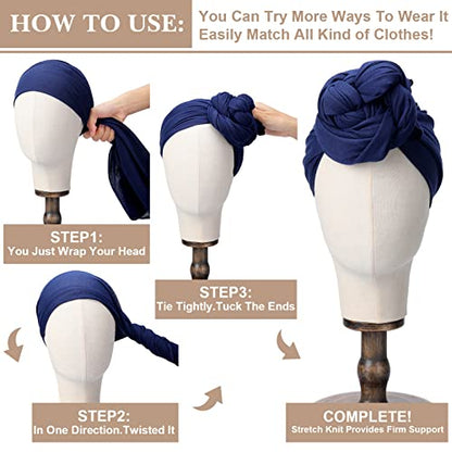 12 Pieces Extra Long Stretch Jersey Turban Head Wrap Knit African Fashion Headband Long Hair Scarf Breathable Solid Color Turban Tie for Black Women