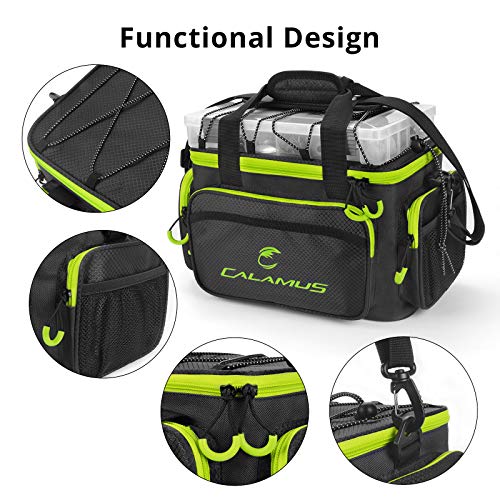 Calamus TB61 Fishing Tackle Bag, Fishing Gear, Gifts for Angler, Green | Saltwater & Freshwater Fishing Bags, Rip-Stop PE, Padded Shoulder Strap, Pliers Storage, Easy to Organize, Functional Design - color: A：Green(without trays)-14.3*9*7.5 inches