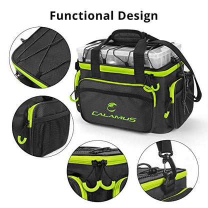 Calamus TB61 Fishing Tackle Bag, Fishing Gear, Gifts for Angler, Green | Saltwater & Freshwater Fishing Bags, Rip-Stop PE, Padded Shoulder Strap, Pliers Storage, Easy to Organize, Functional Design - color: A：Green(without trays)-14.3*9*7.5 inches