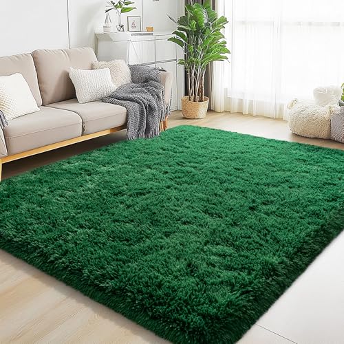 5x7 Dark Green Fluffy Shaggy Area Rug, Soft Large Carpet for Living Room - color: Dark Green, size: 5' x 7' (Rectangular)