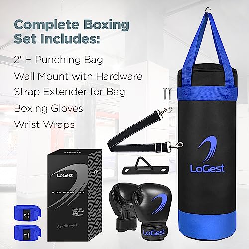 LoGest Punching Bag for Kids Boxing Set - Suitable for Kids Punching Bags 3-8 Years of Age - Boxing Gloves & Hand Wraps Included - Youth Children Boxing MMA Kickboxing Muay Thai Karate Punching Bag - size: 6 Ounces Glove