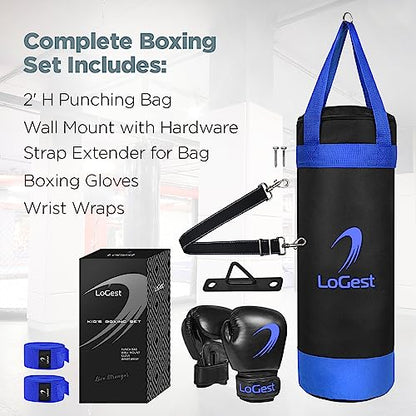 LoGest Punching Bag for Kids Boxing Set - Suitable for Kids Punching Bags 3-8 Years of Age - Boxing Gloves & Hand Wraps Included - Youth Children Boxing MMA Kickboxing Muay Thai Karate Punching Bag - size: 6 Ounces Glove