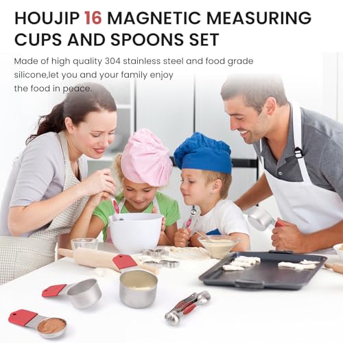 Magnetic Measuring Cups and Spoons Set-Heavy Duty 304 Stainless Steel | Double Measurement Markings,BPA-Free,Set of 16 with Leveler for Measuring Dry and Liquid Ingredients(Red) - color: Red