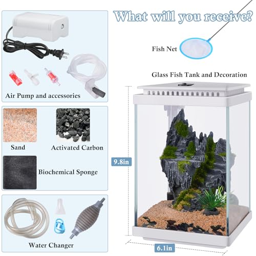 Small Glass Aquarium, 1 Gallon Desktop Fish Tank, Betta Fish Tank, Mini Aquarium Starter Kit with Air Pump LED Light Decoration Water Changer Fish Net (White) - color: White