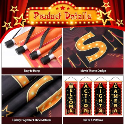 Panelee 4 Pcs Movie Night Porch Banner Movie Themed Party Decorations Theater Welcome Lights Camera Action Front Door Sign Hanging Decoration for Home Photo Film Booth Backdrop Party Supplies - style: Movie Night